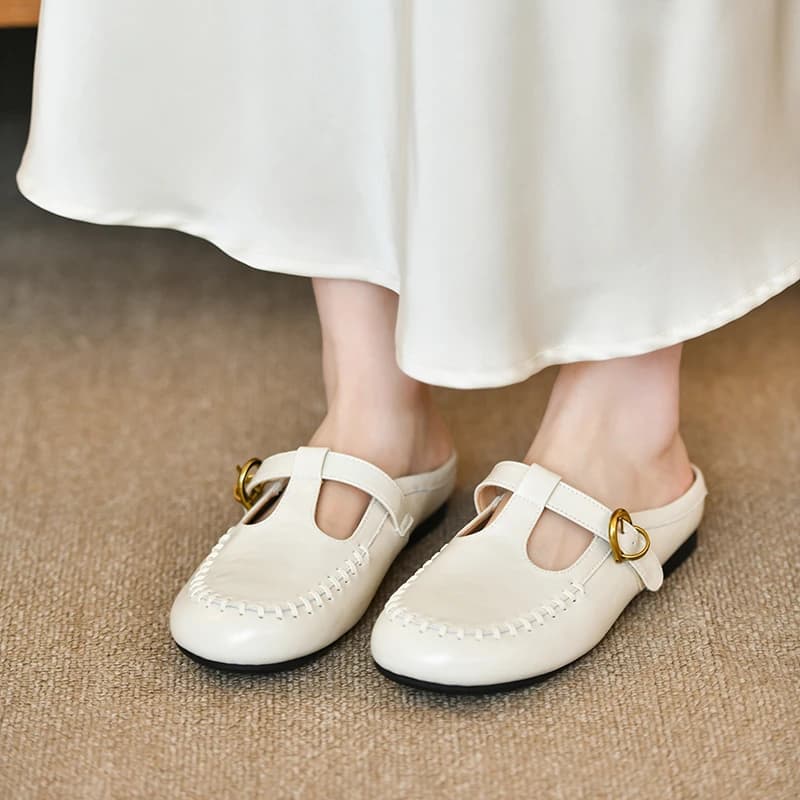 Fashion Sewing Flat Slippers Summer Pull on Women Mules Belt Buckle Ladies Slides Shoes Outdoor Casual Round Toe Moccasins New