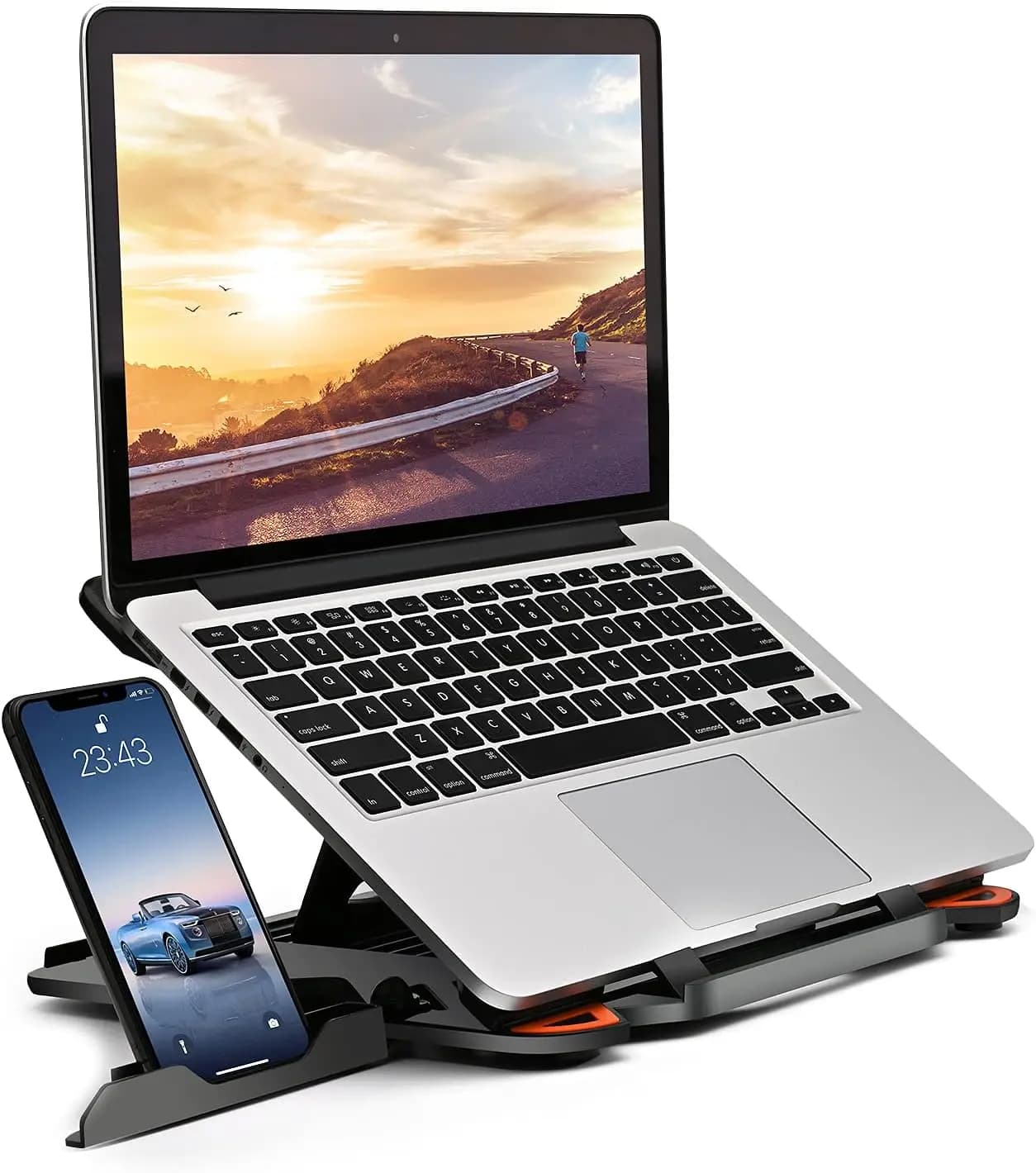 Adjustable Laptop Stand for Desk with Phone Holder, 360° Rotation Foldable Portable Stand for 10-17" Laptops, Heavy-Duty Ventilated Design