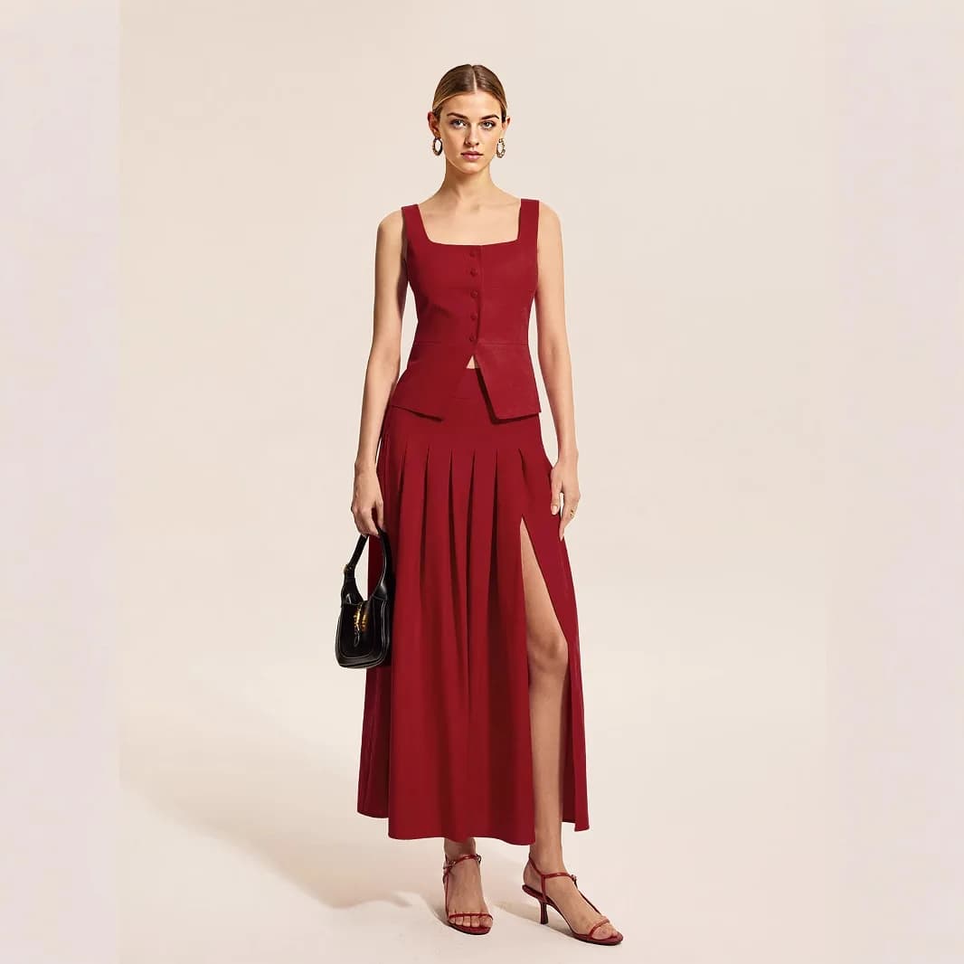 Completo Elegante Due Pezzi Stile OL, Set Estivo da Donna con Top Senza Maniche e Gonna Plissettata