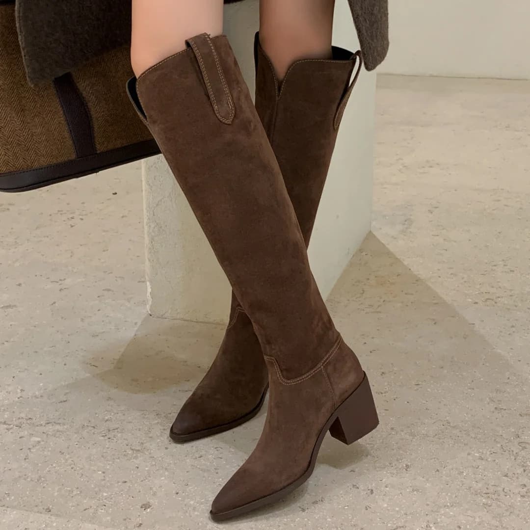 2025 New women in natural suede 6.5 cm thick medium heel tip toe slip-on fall high knee boots elegant long women boots