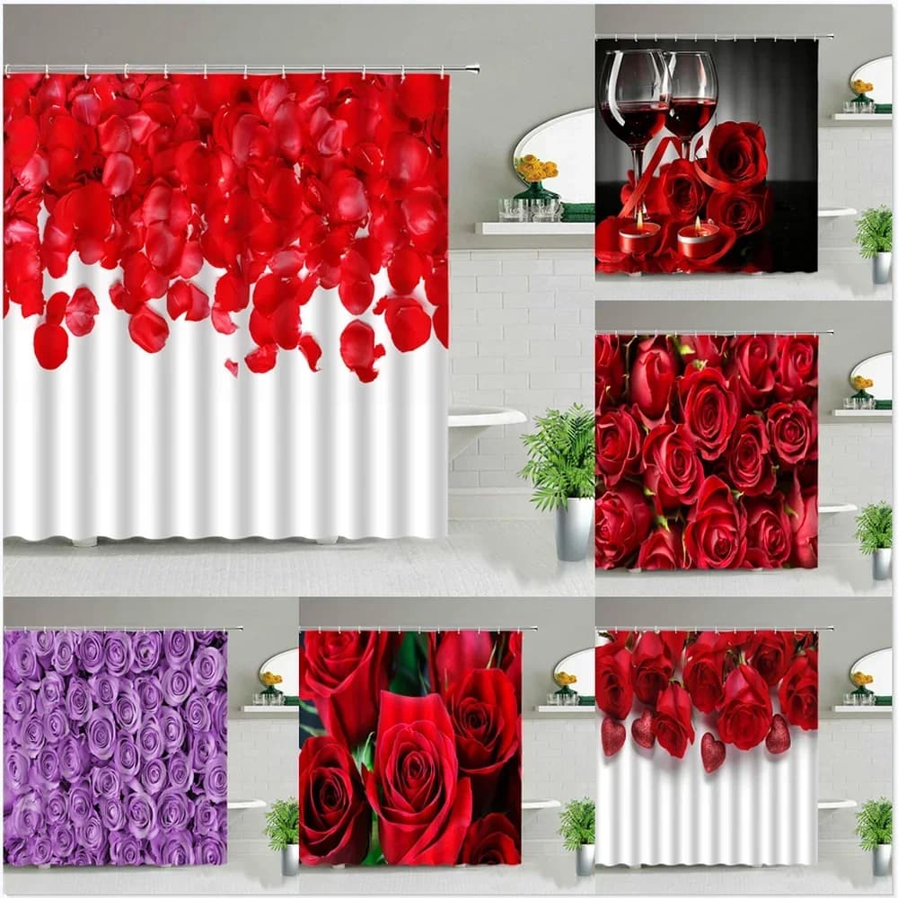 Set romantico di tende da doccia con rose: disegni floreali rosso e viola vivaci per un elegante arredamento da bagno, impermeabile e facile da pulire