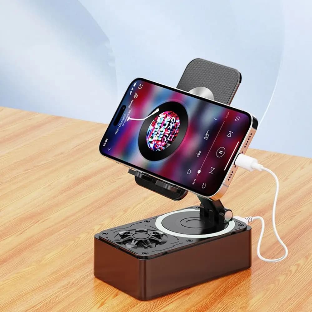 Supporto per Telefono Pieghevole 3 in 1 con Cuscinetti Antiscivolo, Altoparlante Bluetooth Rotante, Stand Multifunzione Regolabile