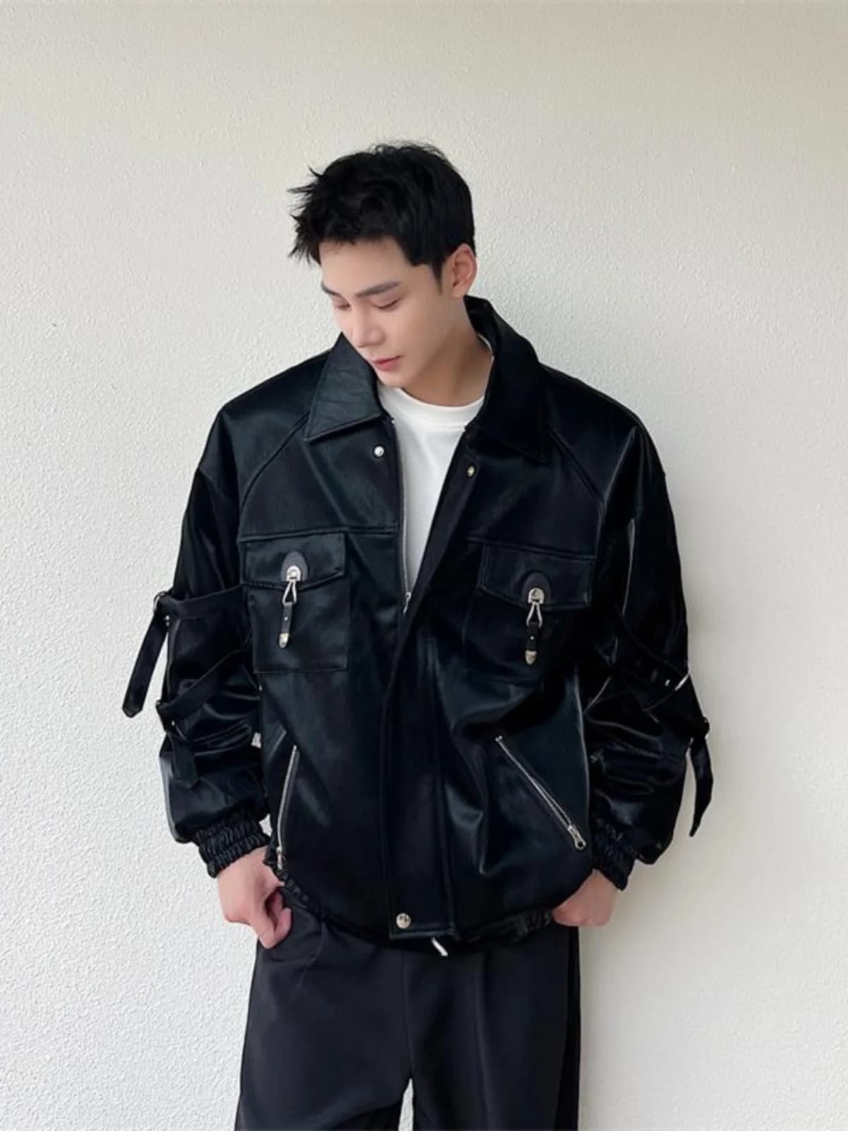 Punk Style Men's Loose PU Leather Jacket Multi-Pocket Workwear Windproof Motorcycle Clothes Fashionable All-Match Outerwear