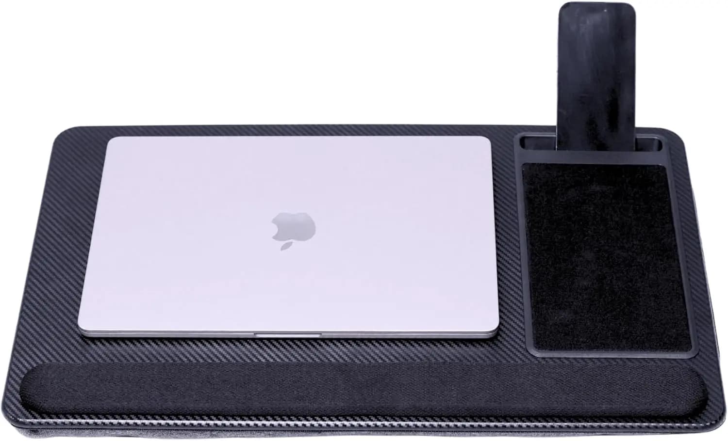 Supporto per Laptop in Fibra di Carbonio Nera con Poggiapolsi, Tappetino Mouse e Porta Telefono, Vassoio Imbottito per Letto e Divano, Adatto a Laptop da 15,6 Pollici