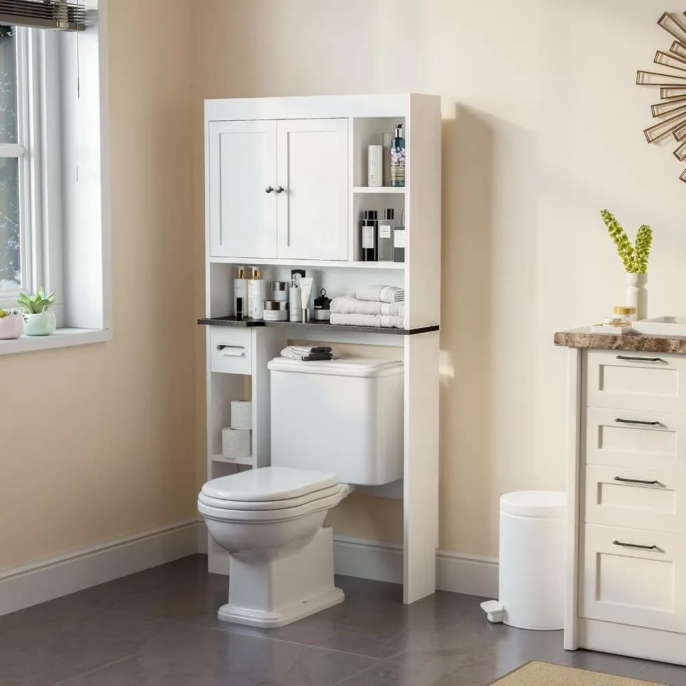 Mobiletto Sopra il WC con 7 Ripiani, Organizzatore da Bagno Bianco Salvaspazio con Portarotolo