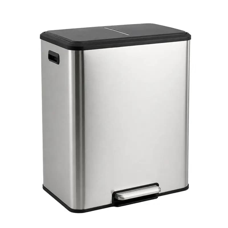 60L/16 Gallon Dual Compartment Kitchen Trash Can, Rectangular Stainless Steel Garbage Can with Foot Pedal, Removable Inner Buckets and Side Handles for Waste Sorting, Recycling Bin for Kitchen, Silver