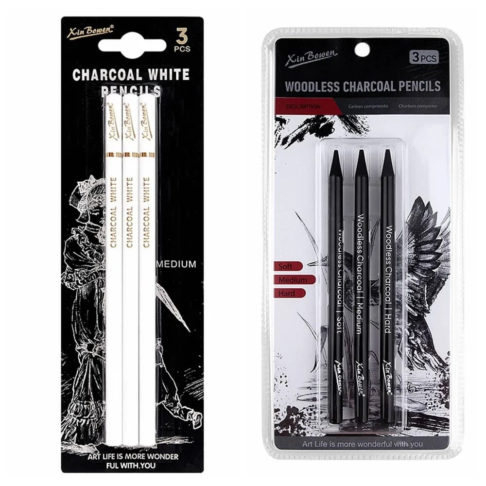 Set di 3 Matite a Carboncino Morbide/Medio/Dure, Matite per Disegno, Forniture Artistiche, Penna a Carboncino, Matita per Schizzi Bianca/Nera Professionale