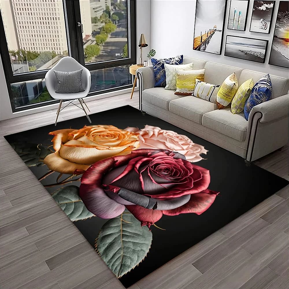 Romantic Rose Flower Carpet Home Living Room Area Rug Bedroom Doormat Non-slip Foldable Washable Floor Mat For Entryway Hallway