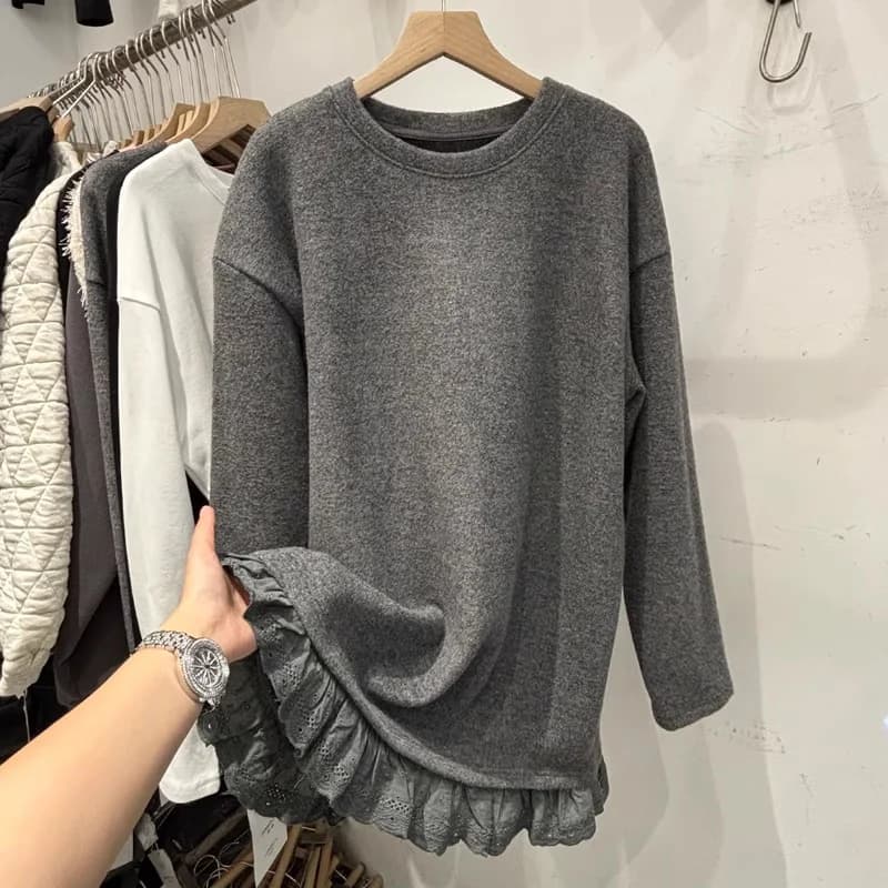 plus Size Women's Long Sleeve T-Shirt Lace Trim Thickened German Velvet Loose Slimming Top for Spring Autumn Winter