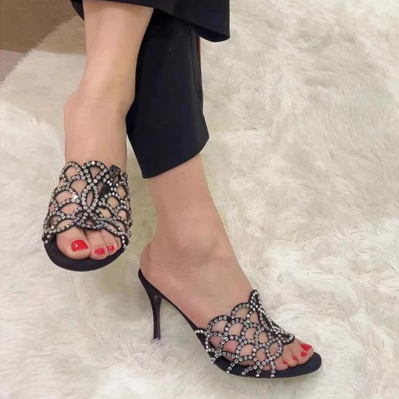 Sandali con Tacco Alto da Donna 2025, Moda Estiva Casual, Ciabatte con Punta Aperta, Strass, Design Traforato, per Feste
