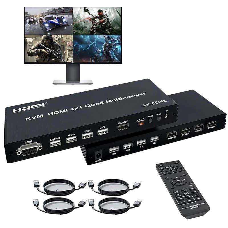 Multiviewer quad KVM HDMI 4K 60Hz Multivisor HDMI 4 screen in 1 output with USB support PIP 90 ° 180 ° Flip 4 PC Share mouse keyboard