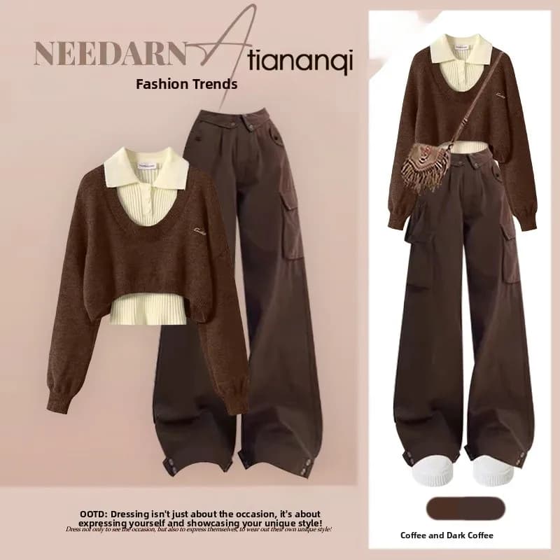 Slimming Effect Knitted Sweater Tee-Piece Set Conceal Meat Autumn Workwear Sle Women's Faion Ensemble Casual Wear