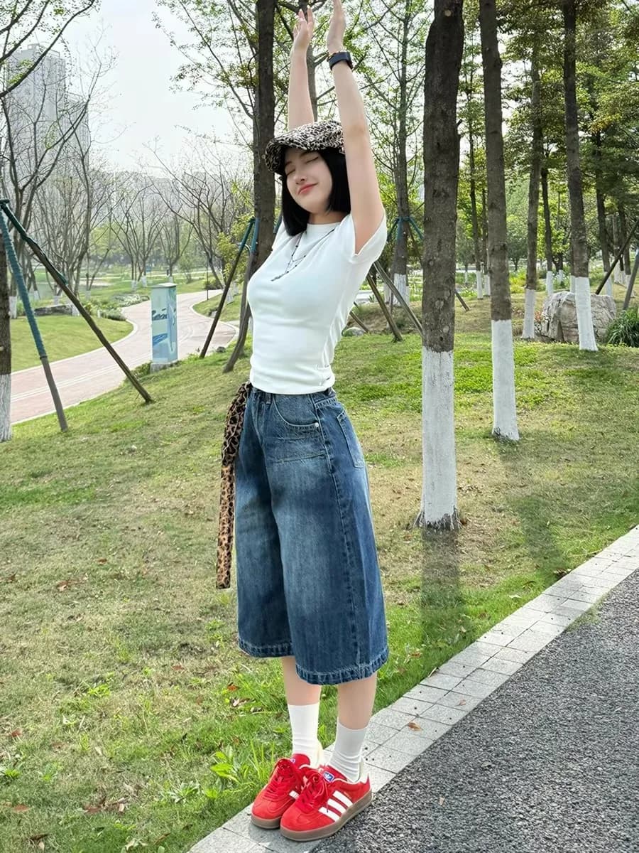 American Retro Crack Seven-Quarter Straight Leg Jeans Women Summer High Waist Slimming Knee-Length Mid-Length Denim Jeans