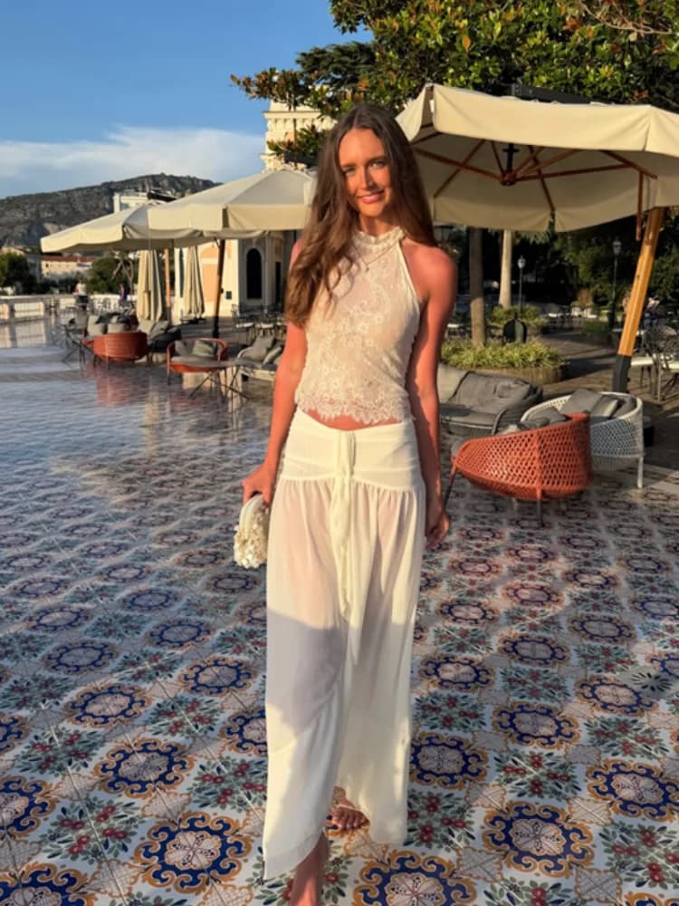 Sexy Lace Patchwork Women'S Top Skirts Suit Backless Sleeveless Halter Pleated Long Skirt 2026 Summer Autumn Holiday Lady Robe