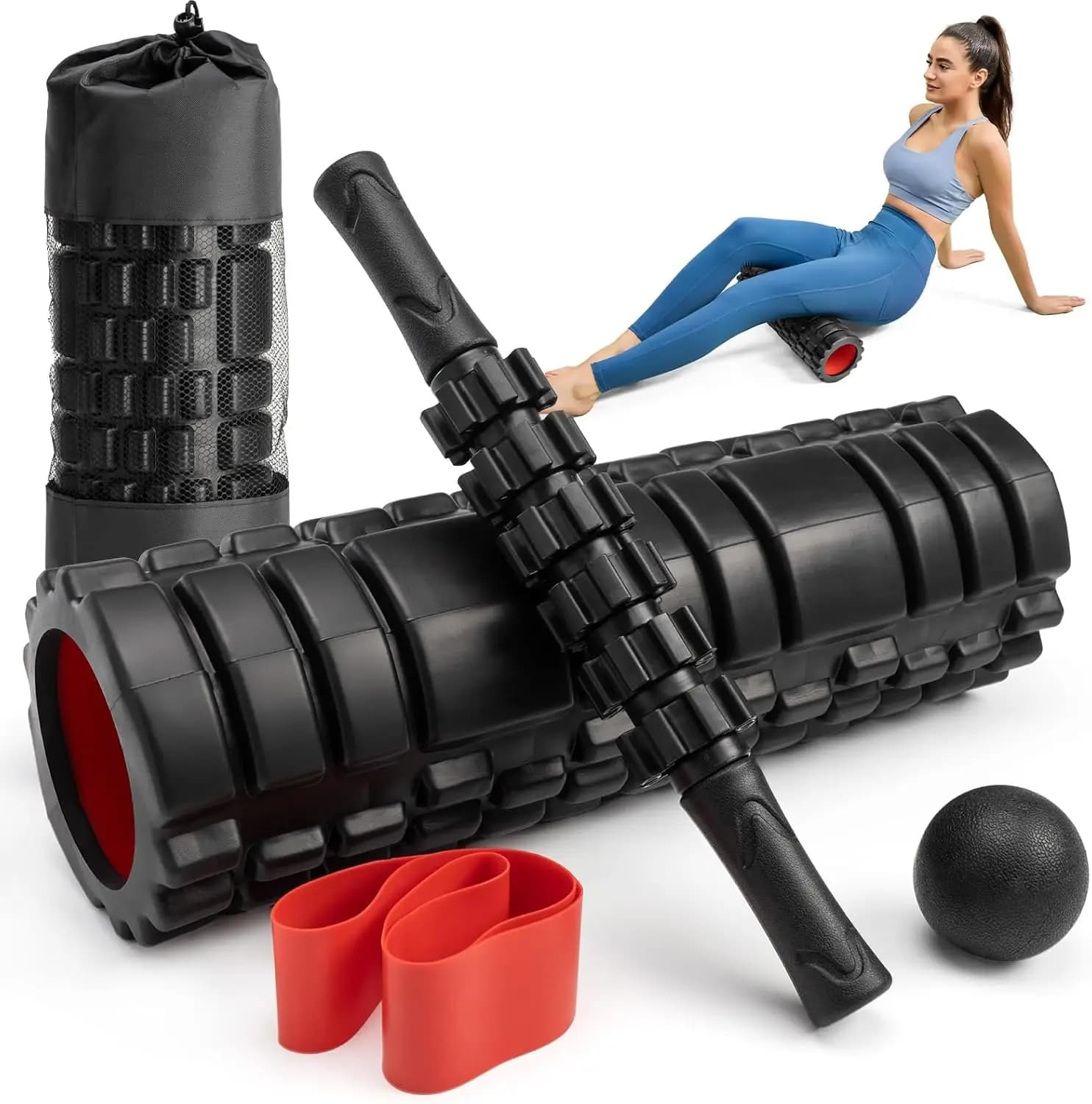Set Rullo in Schiuma 5-in-1 con Bastone Massaggiante, Palla e Fascia di Resistenza per Massaggio Muscolare Profondo, Pilates, Yoga (Nero-18)