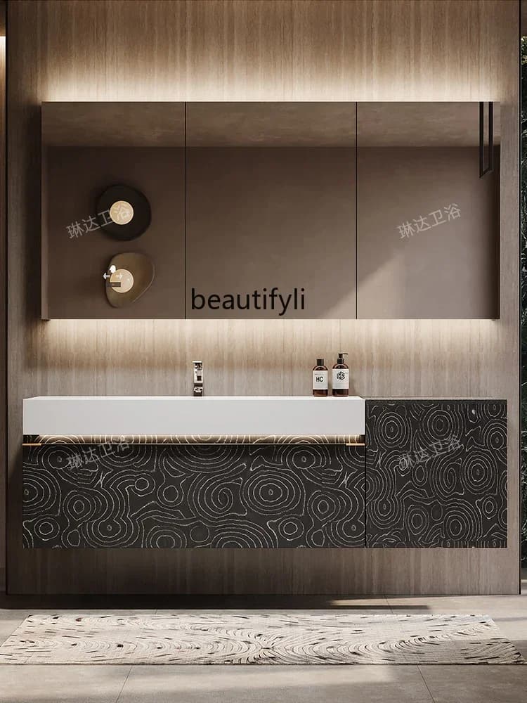 Mobile da bagno in noce di lusso leggero, combinazione di mobili a specchio, lastra di roccia, lavabo integrato con flessione a caldo9344