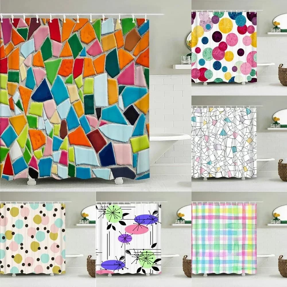 Tenda da doccia in tessuto con motivo geometrico semplice e colorato, tende da bagno, mosaico rotondo, schermo da bagno impermeabile con 12 ganci