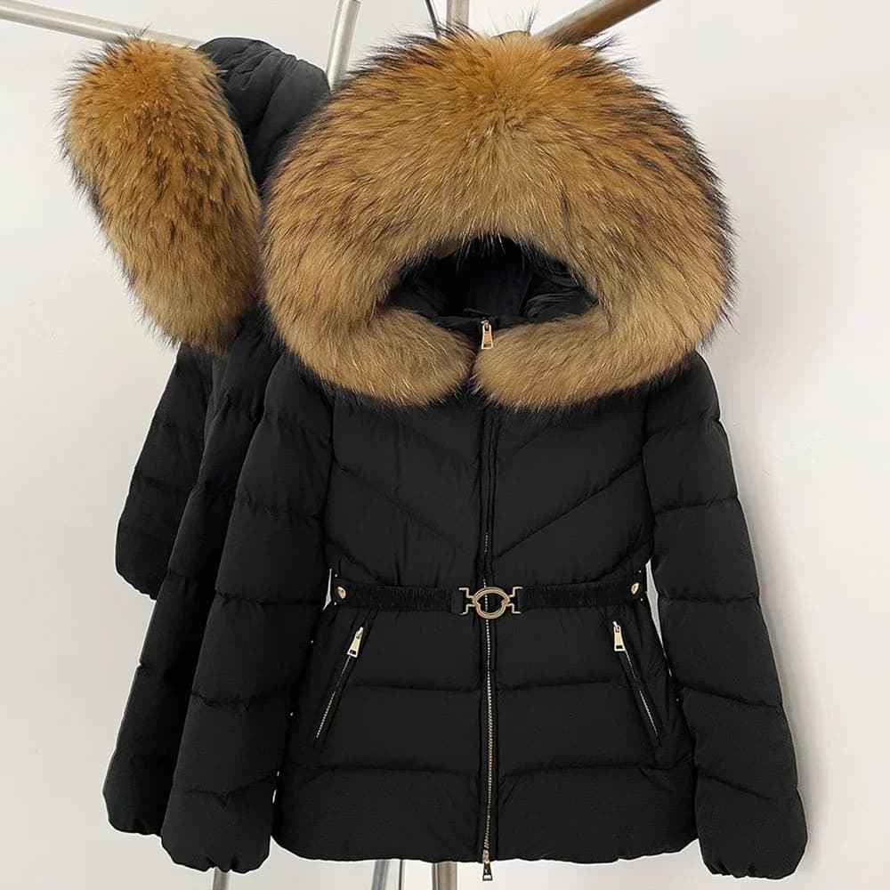 OFTBUY Giacca soffice in pelliccia di procione con cappuccio Piumino d'anatra bianco Cintura da donna Giacca con collo in vera pelliccia di volpe Top invernale femminile spesso caldo