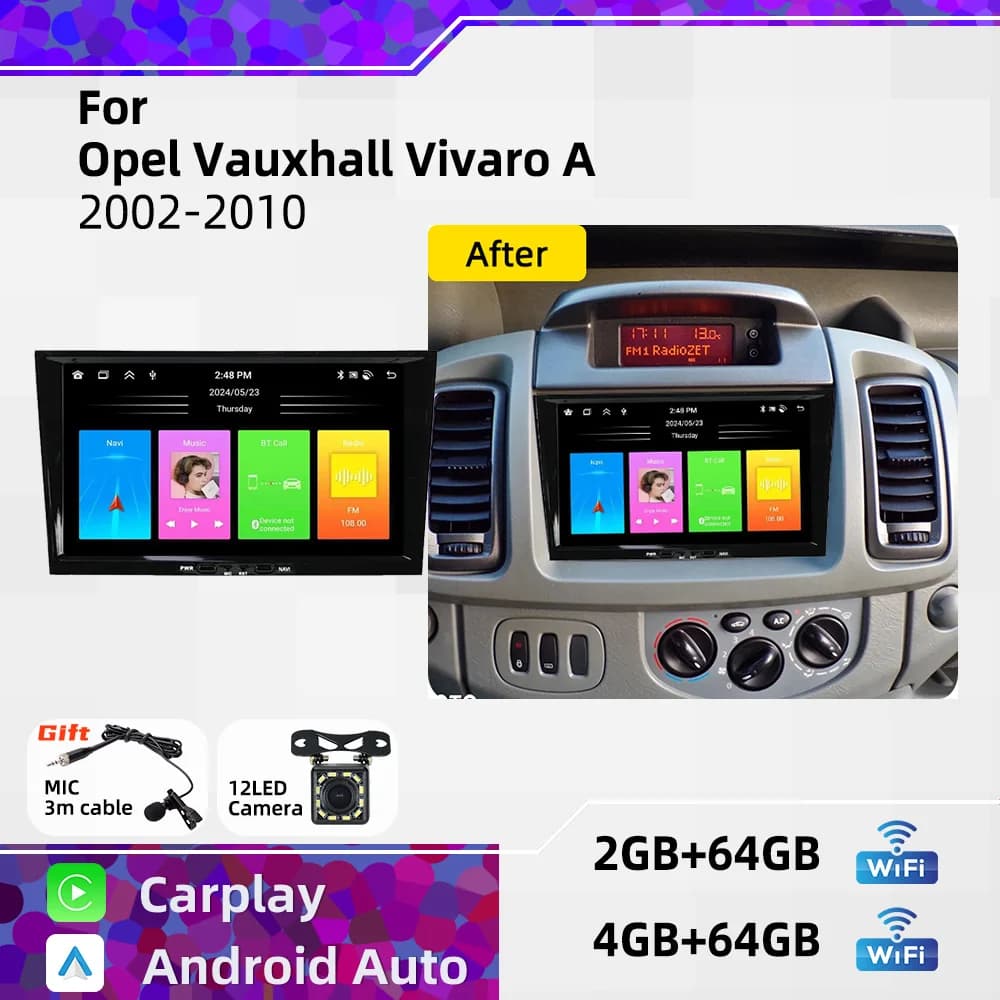 Autoradio Android GPS per Opel Vauxhall Vivaro A 2002-2010 Carplay 2 Din WIFI Multimedia Auto 8" Schermo Stereo