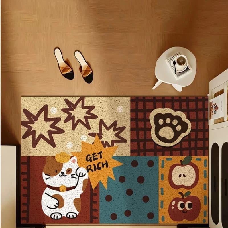 Cuttable PVC Loop Doormat Cartoon Patchwork Lucky Cat Get‑Rich Print Non‑Slip Wear‑Resistant Entrance Home Hallway Door Mat