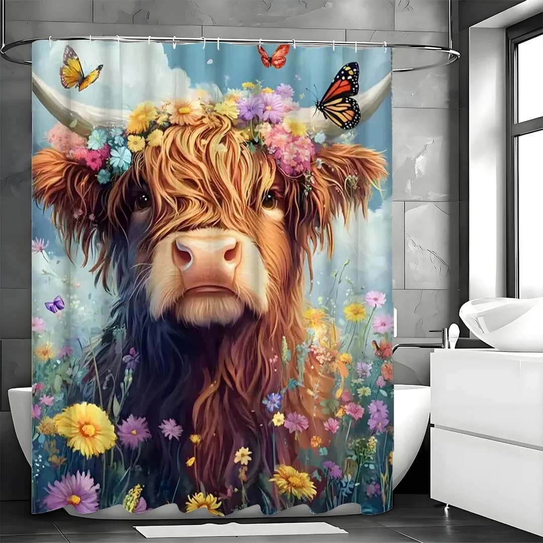 Tenda da doccia per mucca con 12 ganci Rustico Paese Agriturismo Animale Vintage Petalo di fiori di campo Marrone Tessuto impermeabile in poliestere Gues