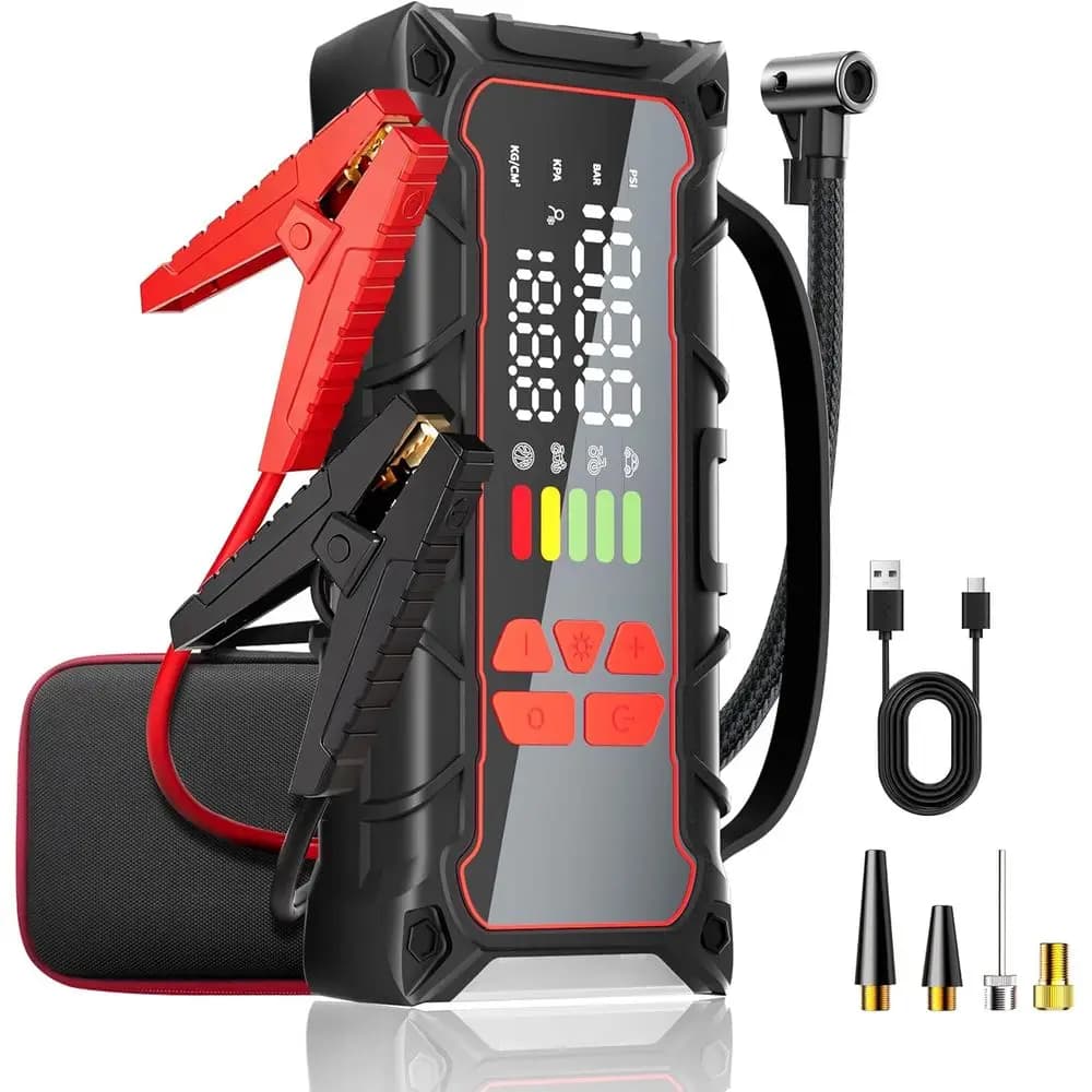 Avviatore di Emergenza 5000A con Compressore d'Aria, 7L Benzina/6L Aria, Gonfiatore Pneumatici e Power Bank, Perfetto per la Festa della Mamma