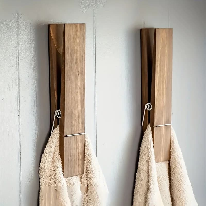 Grande portasciugamani da parete in legno, clip per asciugamani gigante in legno, arredamento per la stanza del bagno, gancio per vestiti in legno rustico