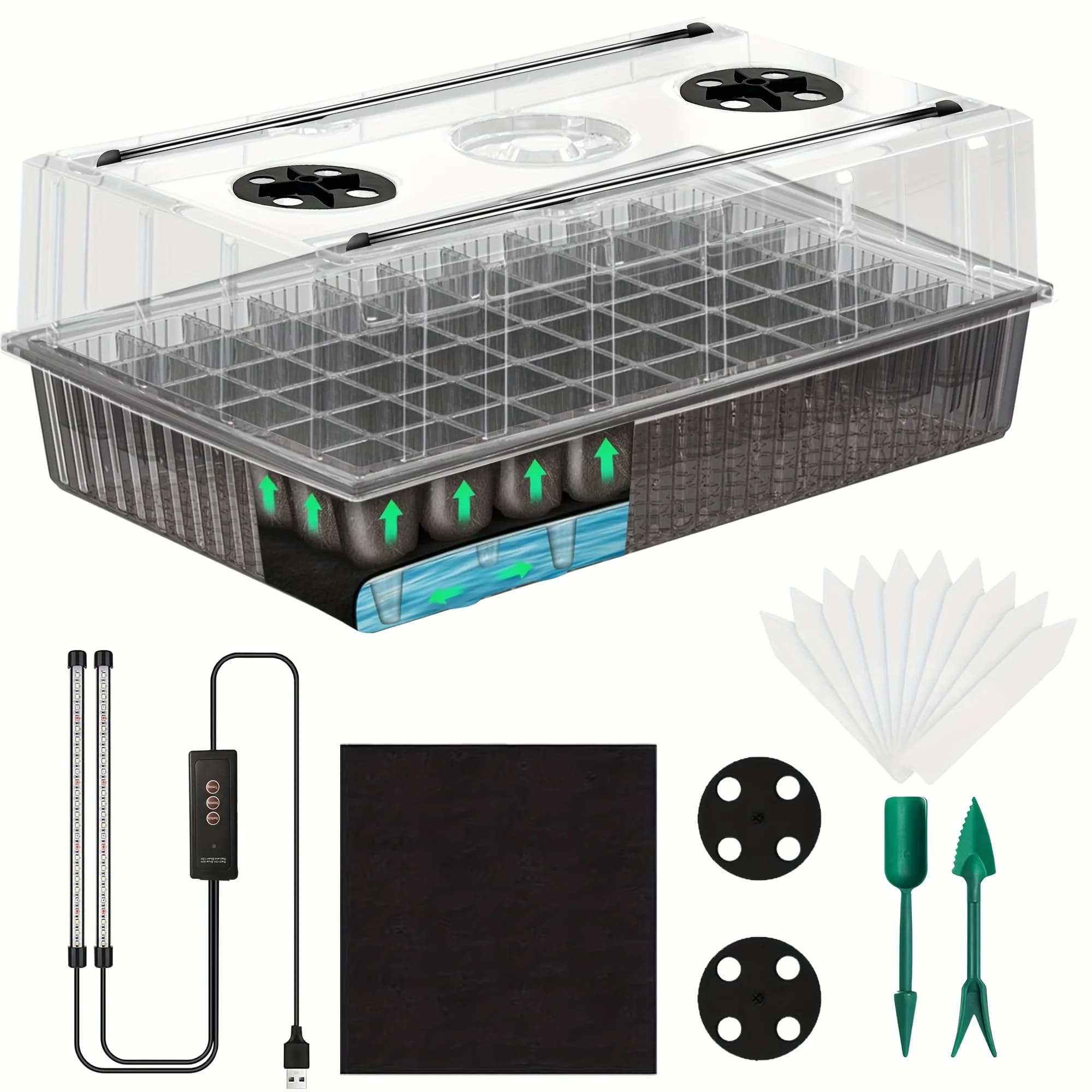 60-Cell Self-Watering Seedling Tray with Grow Light & Humidity Dome (4.07"), Indoor Plant Germination Starter Kit
