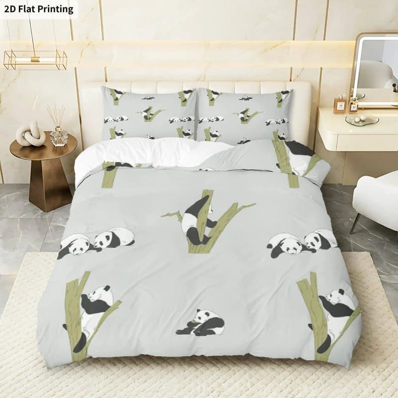 Set Copripiumino 3 Pezzi con Stampa 2D, 1 Copripiumino + 2 Federe (Senza Imbottitura), Tema Panda e Albero