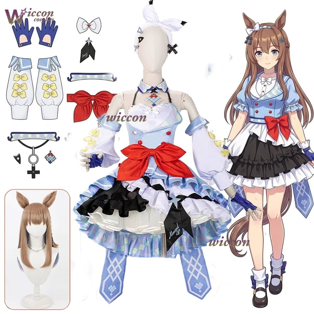 Costume Cosplay Completo Umamusume Pretty Derby Almond Eye con Abito, Copricapo, Fermaglio per Capelli e Parrucca Sintetica Marrone per Feste di Halloween