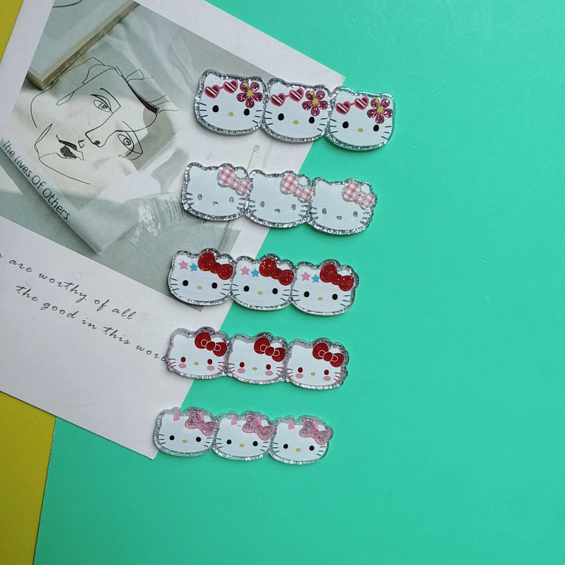 3pcs Acrylic glitter sweet plaid three-even love cat jewelry material headgear hair accessories bag shoes toy sticker
