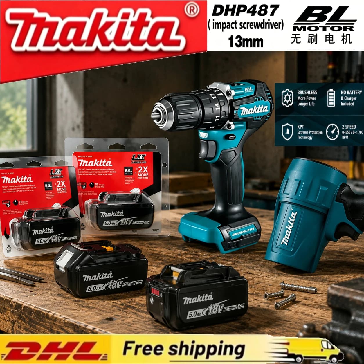 Genuine Makita 18V Battery BL1860, embedded power perception chip, combo kit with DHP487impact drill & BL motor pruning shear