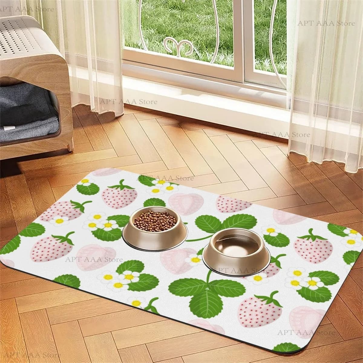 Tappetino per alimentazione animali domestici con fragole bianche fresche con supporto in gomma antiscivolo Tovaglietta per ciotola per cani e gatti con fango diatomea resistente alle macchie