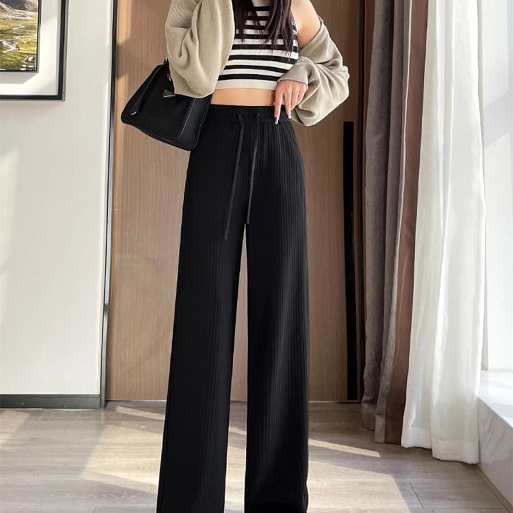 Women Solid Color Wide Leg Pants Elastic Waist Drawstring Long Trousers Casual Basic Sportswear For Daily Vacation Holiday