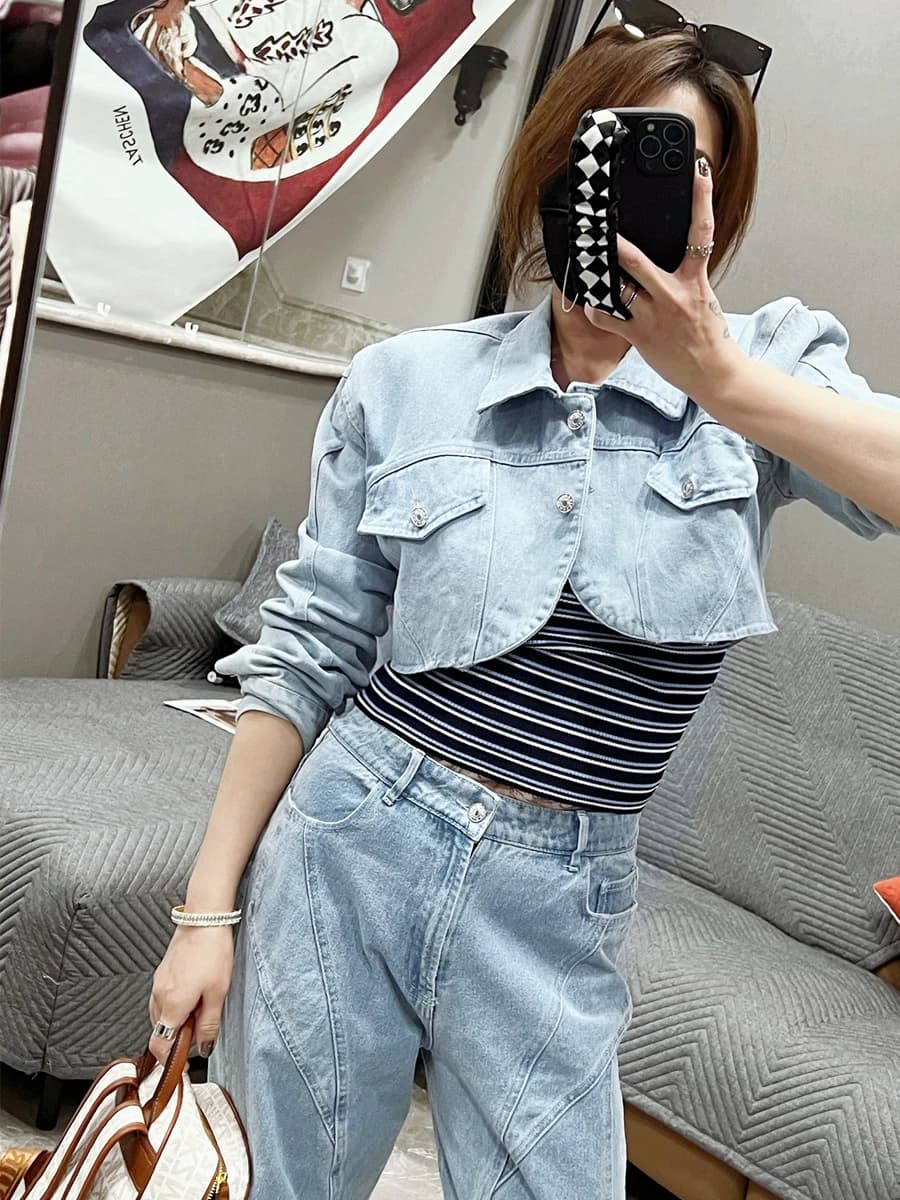 Warmo Casual Denim Jacket Women High Waist Patchwork Straight Leg Jeans Spring 2026 New Design Cotton Fashion Set