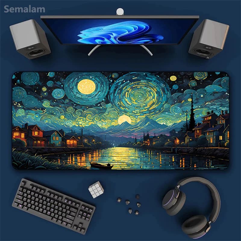 Tappetino per Mouse da Gaming Grande, Stile Pittura a Olio con Onde, Base in Gomma Antiscivolo 30x60, Lavabile, per Giochi e Ufficio
