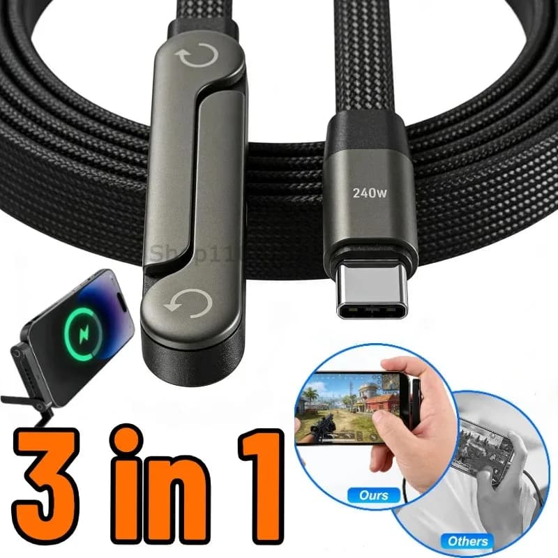 3-in-1 240W Type C To USB C Fast Charging Data Cable Foldable Stand Phone Holder Fast Charging for Flat Xiaomi IPhone 17