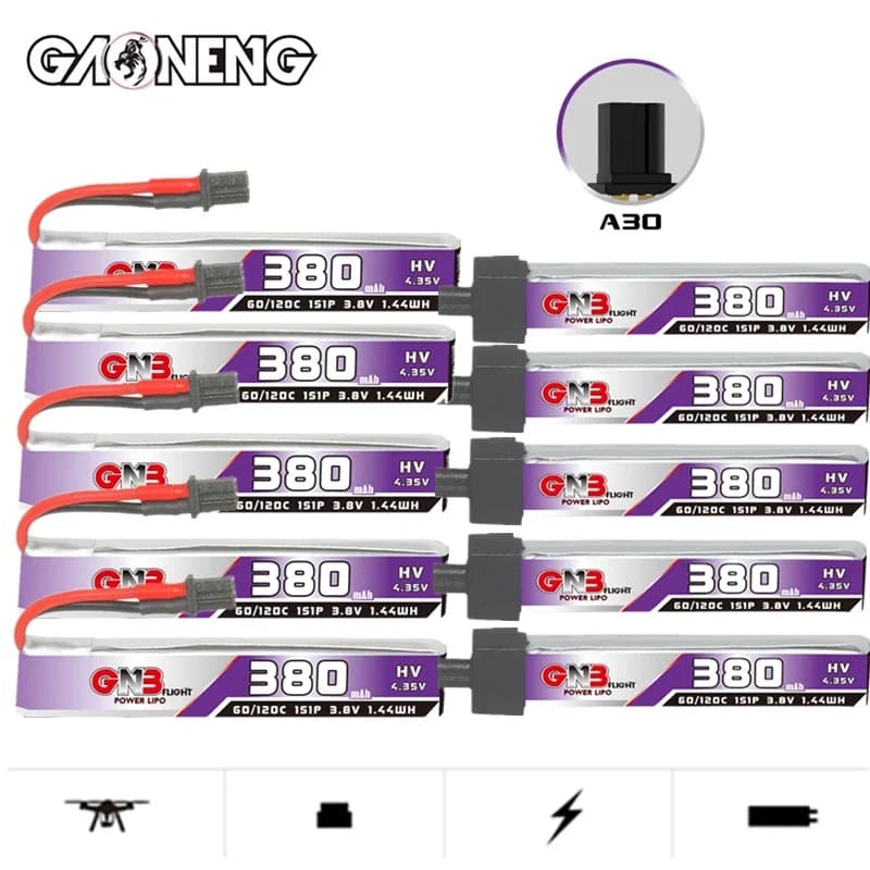 GNB 1S 3.8V 380mAh 60C Lipo Batteria Cablata A30 BT2.0 Connettore di Scarica ad Alta Corrente Per FPV RC Piccolo Whoop Drone 3.8v Batteria