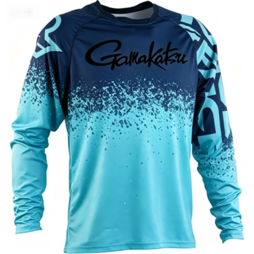 T-shirt a maniche lunghe da pesca all'aperto di marca Gamakatsu, stampa sfumata alla moda, sportiva, casual, traspirante, ad asciugatura rapida, da uomo