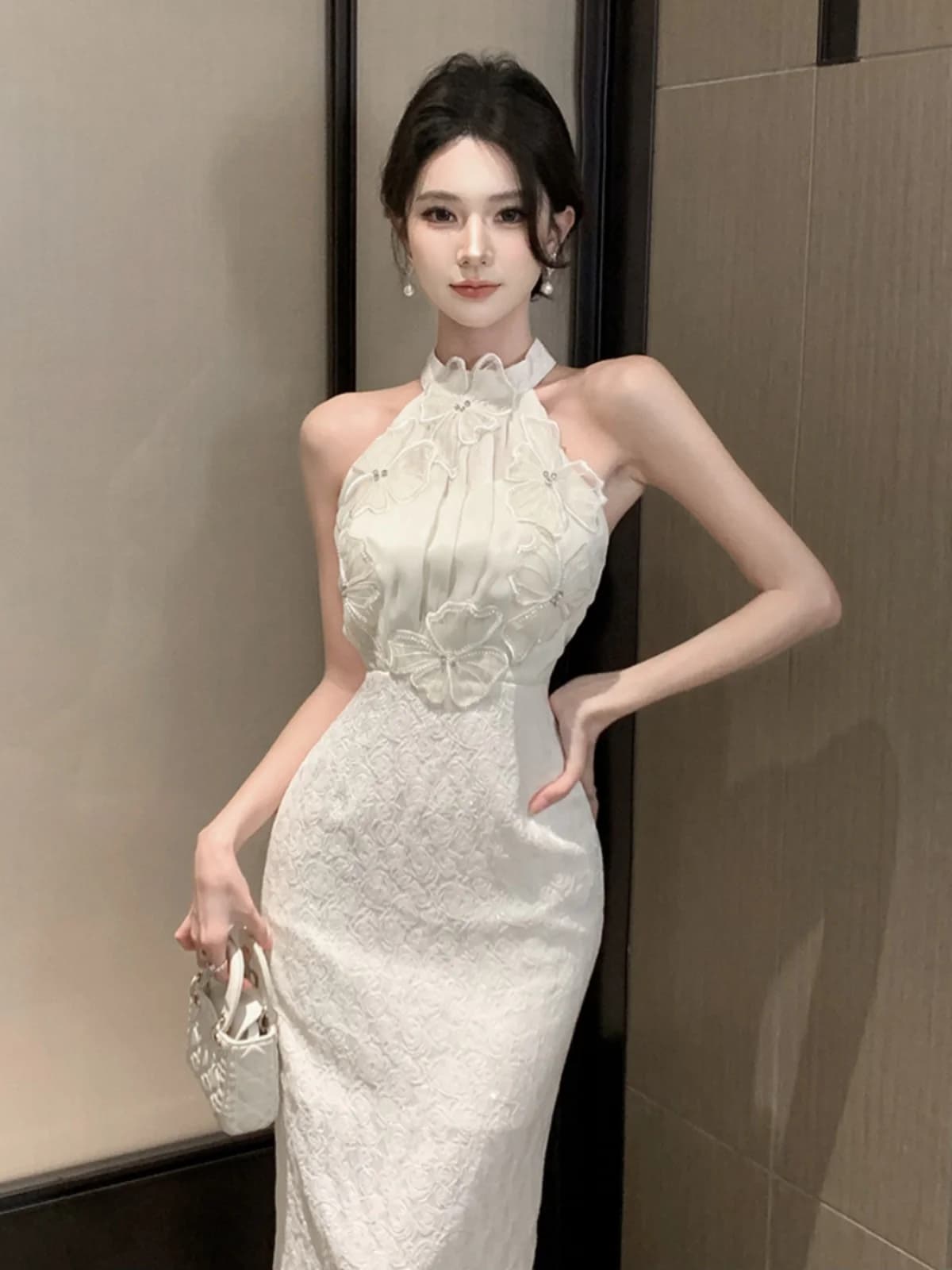 Abito da donna elegante con scollo, vestito lungo estivo a vita alta, stile dolce senza maniche, costume KTV