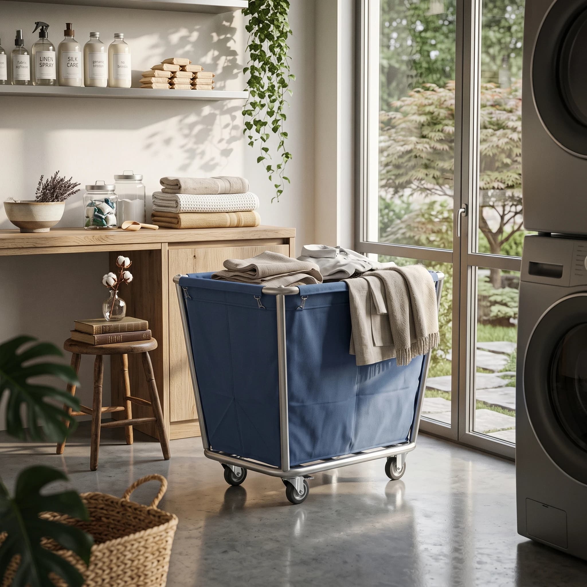 Linen Cart with Cloth Bag Stainless Steel Laundry Cart with Wheels Rolling Laundry Hamper Detachable Sturdy