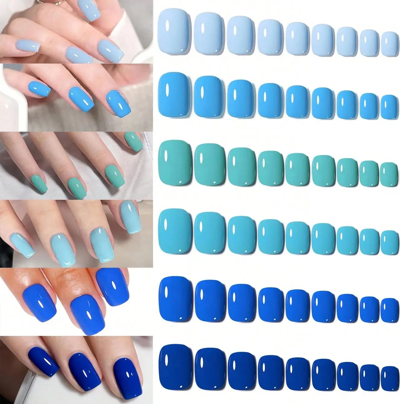 144 pezzi-set di unghie finte serie blu quadrate corte- set di unghie finte a copertura totale per donne e ragazze alla moda, perfetto per tutti i giorni