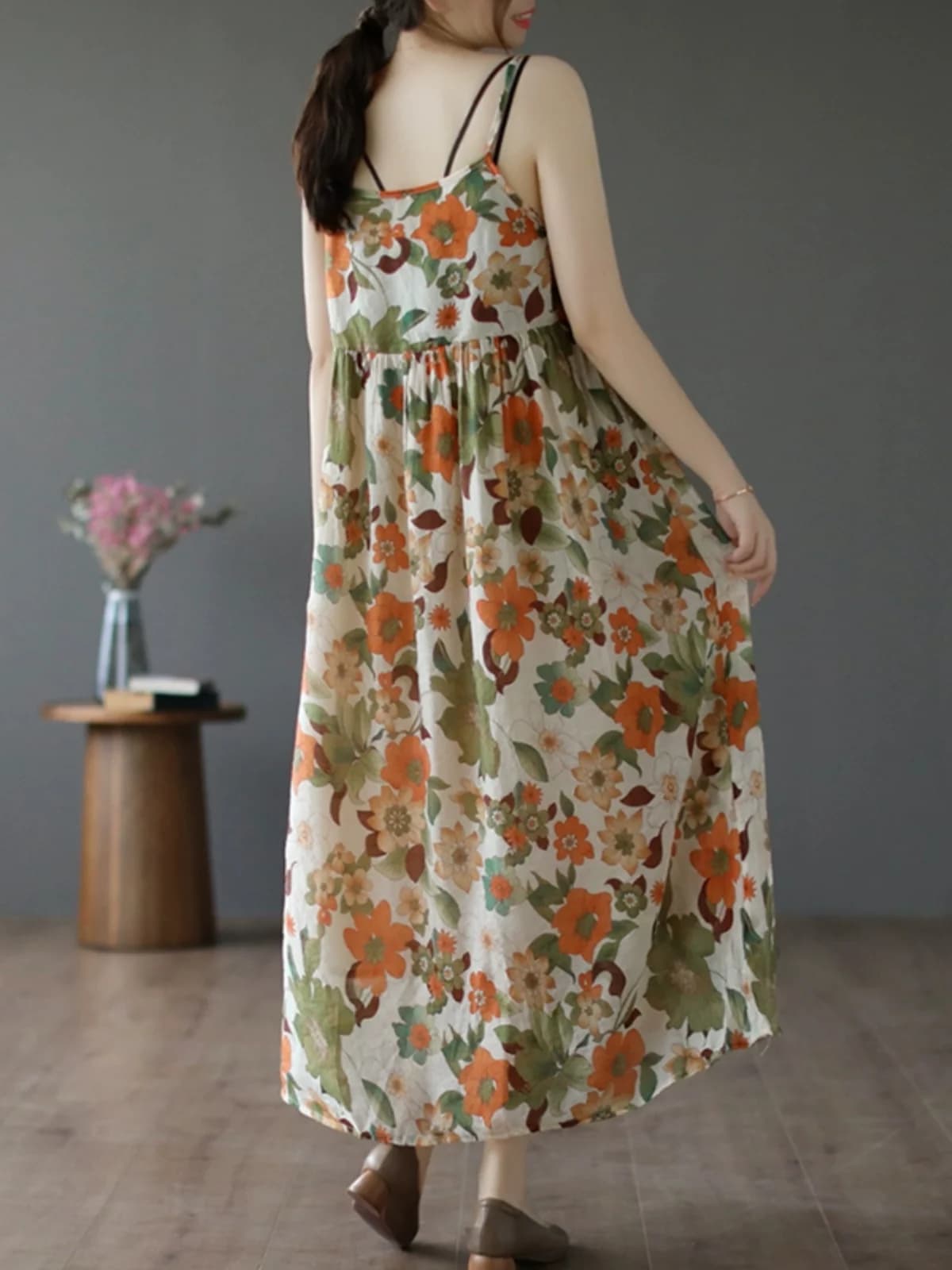 Di fascia alta di marca giapponese da donna in cotone e lino floreale Dr allentato dimagrante cinturino in lino gilet lungo Dr stampa floreale pendolari Sle