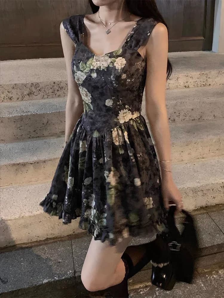 Retro Floral Print Halter Dress Women's Slimming High Waist A-Line Skirt Korean Style Commute Summer New Arrival Tea Break