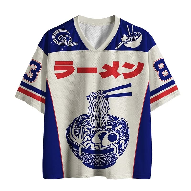 2026 New Unisex 3D Japanese Ramen Noodle Jersey Retro V-neck Oversized T-shirt Harajuku Food Streetwear 38 Number Sports Tee