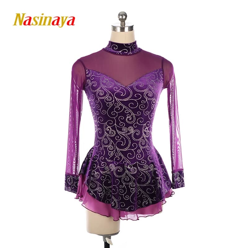 Abito da Pattinaggio Artistico a Maniche Lunghe Viola, Vestito da Spettacolo in Rete, Tuta da Pattinaggio per Bambini, Gonna Personalizzata in Velluto per Performance