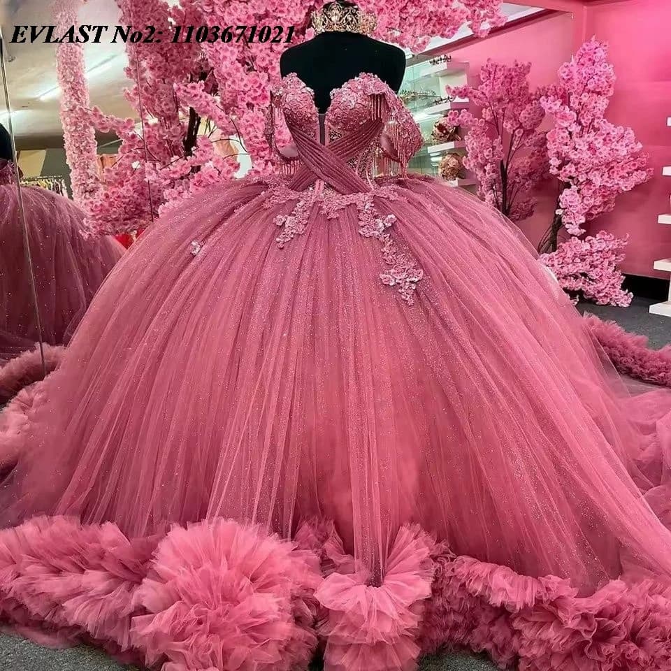 EVLAST Personalizzato Messicano Rosa Abito Quinceanera Abito di Sfera Lucido Applique di Pizzo Perline Corsetto Dolce 16 Abiti 15 Anos E2QA224