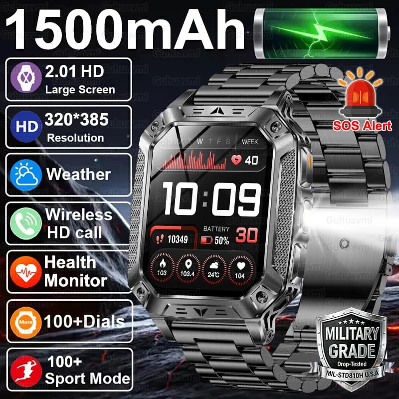 Men's Military Smartwatch 1500mAh Long Autonomous Sports Open 10ATM Cardiofrequencymeter Called BT Large Battery