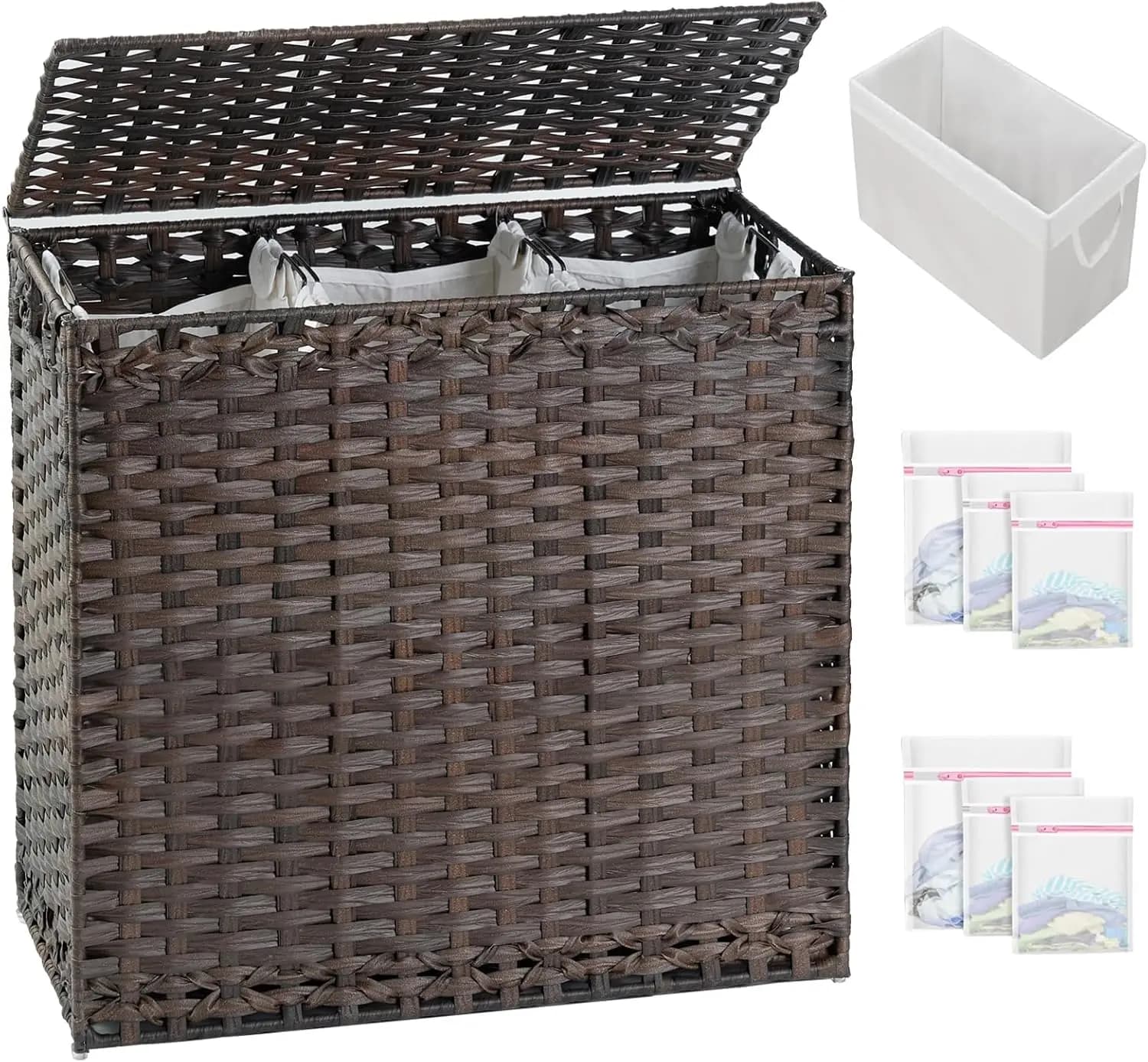 Cesto Portabiancheria con Coperchio, 132L, in Vimini Intrecciato a Mano con Sacchi Rimovibili e Sacchi a Rete per Camera da Letto, Colore Marrone