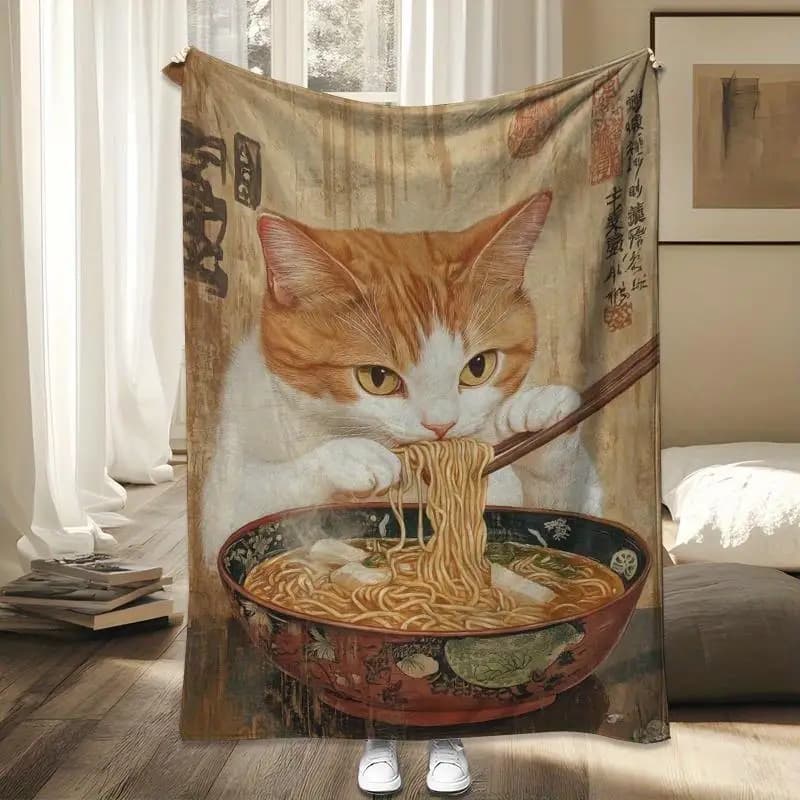 Immagine anime di un gatto giallo Coperta stampata in flanella adatta a tutte le stagioni adatta per divano da ufficio e viaggi
